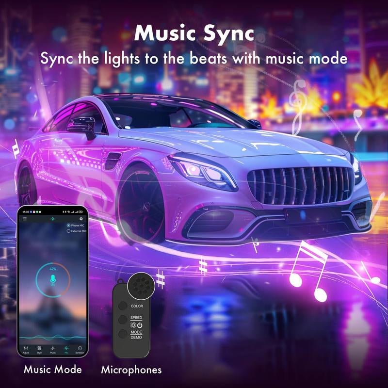 Car LED Lights Smart App Control Color Music Mode 4Pcs Strip Lights - Vymanel